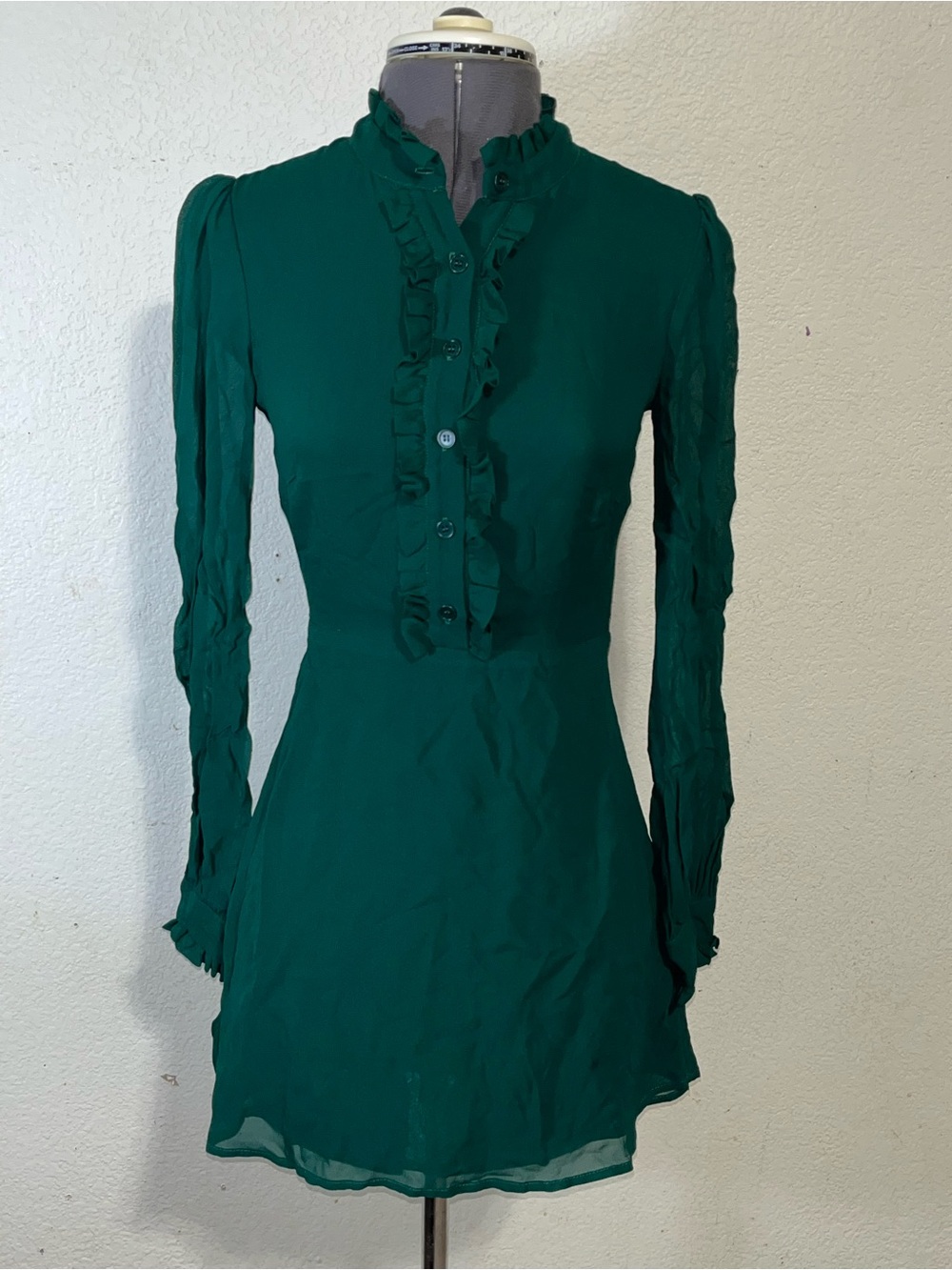 Reformation Deep Green Ruffle-Front Long Sleeve Dress